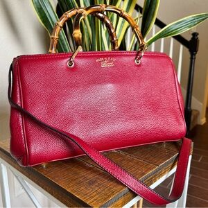Red Leather Satchel Bamboo Handle Bag